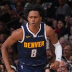 DENVER, CO - JANUARY 20: Peyton Watson #8 of the Denver Nuggets run on the court during the game against the Los Angeles Lakers on January 20, 2026 at Ball Arena in Denver, Colorado. (Photo by Bart Young/NBAE via Getty Images)