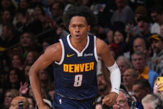 DENVER, CO - JANUARY 20: Peyton Watson #8 of the Denver Nuggets run on the court during the game against the Los Angeles Lakers on January 20, 2026 at Ball Arena in Denver, Colorado. (Photo by Bart Young/NBAE via Getty Images)