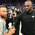 SAN FRANCISCO, CA - APRIL 9: LeBron James #23 of the Los Angeles Lakers and Stephen Curry #30 of the Golden State Warriors high five after the game on April 9, 2026 at Chase Center in San Francisco, California. (Photo by Adam Pantozzi/NBAE via Getty Images)