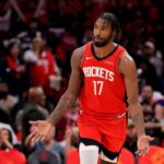 May 1, 2026; Houston, Texas, USA; Houston Rockets forward Tari Eason (17) reacts after a made basket against the Los Angeles Lakers during the third quarter of game six of the first round of the 2026 NBA Playoffs at Toyota Center. Mandatory Credit: Erik Williams-Imagn Images
