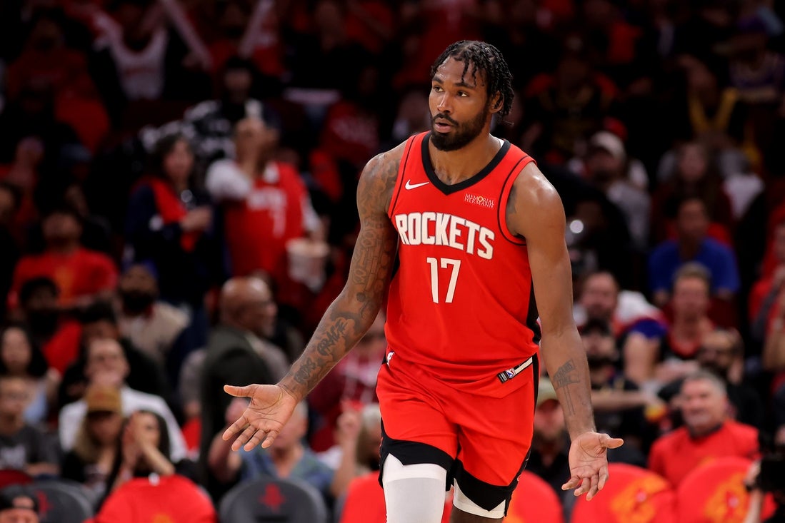 May 1, 2026; Houston, Texas, USA; Houston Rockets forward Tari Eason (17) reacts after a made basket against the Los Angeles Lakers during the third quarter of game six of the first round of the 2026 NBA Playoffs at Toyota Center. Mandatory Credit: Erik Williams-Imagn Images