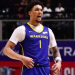LAS VEGAS, NV - JULY 19: Yaxel Lendeborg #1 of the Golden State Warriors reacts during the game against the Memphis Grizzlies during the 2026 NBA Summer League Championship on July 19, 2026 at the Thomas & Mack Center in Las Vegas, Nevada. (Photo by Mike Kirschbaum/NBAE via Getty Images)