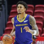 LAS VEGAS, NEVADA - JULY 09: Yaxel Lendeborg #1 of the Golden State Warriors brings the ball up the court against the in the first half of a 2026 NBA Summer League game at the Thomas & Mack Center on July 09, 2026 in Las Vegas, Nevada. (Photo by Ethan Miller/Getty Images)