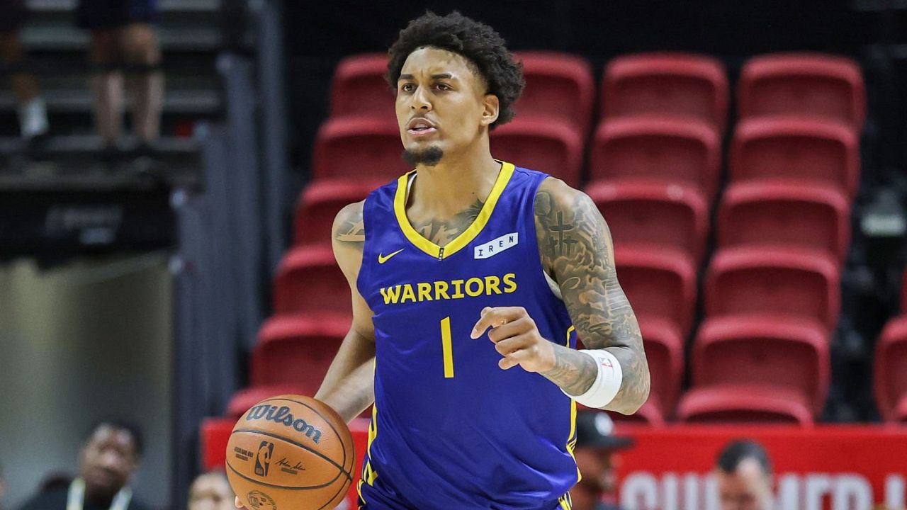 LAS VEGAS, NEVADA - JULY 09: Yaxel Lendeborg #1 of the Golden State Warriors brings the ball up the court against the in the first half of a 2026 NBA Summer League game at the Thomas & Mack Center on July 09, 2026 in Las Vegas, Nevada. (Photo by Ethan Miller/Getty Images)