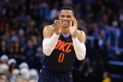Dec 25, 2017; Oklahoma City, OK, USA; Oklahoma City Thunder guard Russell Westbrook (0) reacts after a play against the Houston Rockets during the fourth quarter at Chesapeake Energy Arena. Mandatory Credit: Mark D. Smith-USA TODAY Sports