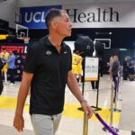 Sep 29, 2025; Los Angeles, CA, USA; Los Angeles Lakers president of basketball operations and general manager Rob Pelinka during media day at UCLA Health Training Center. Mandatory Credit: Gary A. Vasquez-Imagn Images