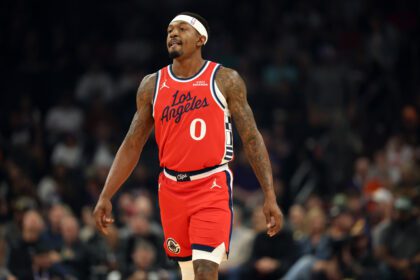 Nov 6, 2025; Phoenix, Arizona, USA; Los Angeles Clippers guard Bradley Beal (0) against the Phoenix Suns at the Mortgage Matchup Center. Mandatory Credit: Mark J. Rebilas-Imagn Images