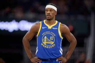 Jan 7, 2026; San Francisco, California, USA; Golden State Warriors forward Jimmy Butler III (10) loos on against the Milwaukee Bucks during the third quarter at Chase Center. Mandatory Credit: Robert Edwards-Imagn Images