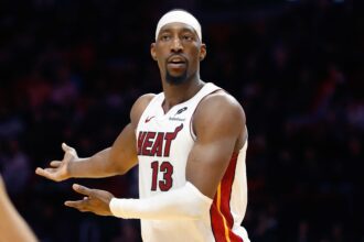 Feb 3, 2026; Miami, Florida, USA; Miami Heat center Bam Adebayo (13) reacts against the Atlanta Hawks during the second half at Kaseya Center. Mandatory Credit: Rhona Wise-Imagn Images