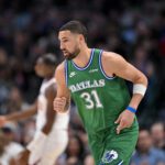 Mar 21, 2026; Dallas, Texas, USA; Dallas Mavericks guard Klay Thompson (31) runs back up court during the game between the Mavericks and the Clippers at American Airlines Center. Mandatory Credit: Jerome Miron-Imagn Images