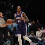 Mar 24, 2026; Charlotte, North Carolina, USA; Sacramento Kings guard/forward DeMar DeRozan (10) brings the ball up court against the Charlotte Hornets during the first quarter at Spectrum Center. Mandatory Credit: Jim Dedmon-Imagn Images