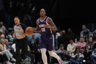 Mar 24, 2026; Charlotte, North Carolina, USA; Sacramento Kings guard/forward DeMar DeRozan (10) brings the ball up court against the Charlotte Hornets during the first quarter at Spectrum Center. Mandatory Credit: Jim Dedmon-Imagn Images