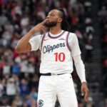 Mar 31, 2026; Inglewood, California, USA; LA Clippers guard Darius Garland (10) gestures after a three-point basket in the first half against the Portland Trail Blazers at Intuit Dome. Mandatory Credit: Kirby Lee-Imagn Images