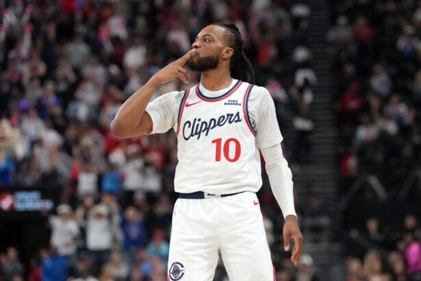Mar 31, 2026; Inglewood, California, USA; LA Clippers guard Darius Garland (10) gestures after a three-point basket in the first half against the Portland Trail Blazers at Intuit Dome. Mandatory Credit: Kirby Lee-Imagn Images