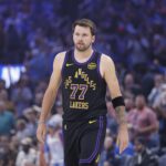 Apr 2, 2026; Oklahoma City, Oklahoma, USA; Los Angeles Lakers guard Luka Doncic (77) walks across the court during the first quarter against the Oklahoma City Thunder at Paycom Center. Mandatory Credit: Alonzo Adams-Imagn Images