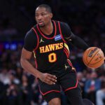 Apr 18, 2026; New York, New York, USA; Atlanta Hawks forward Jonathan Kuminga (0) dribbles during the second half of the 2026 NBA Playoffs against the New York Knicks at Madison Square Garden. Mandatory Credit: Vincent Carchietta-Imagn Images