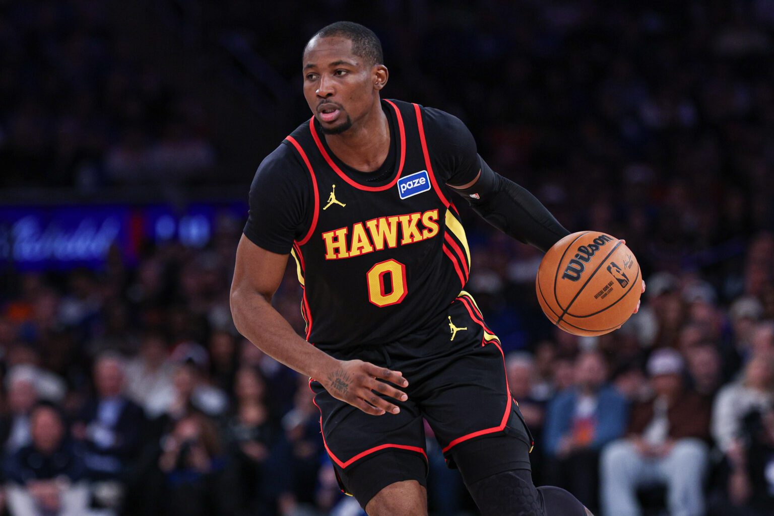 Apr 18, 2026; New York, New York, USA; Atlanta Hawks forward Jonathan Kuminga (0) dribbles during the second half of the 2026 NBA Playoffs against the New York Knicks at Madison Square Garden. Mandatory Credit: Vincent Carchietta-Imagn Images