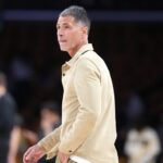Apr 18, 2026; Los Angeles, California, USA; Los Angeles Lakers general manager Rob Pelinka watches during game one of the first round of the 2026 NBA Playoffs against the Houston Rockets at Crypto.com Arena. Mandatory Credit: Kirby Lee-Imagn Images
