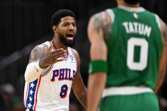 Apr 21, 2026; Boston, Massachusetts, USA; Philadelphia 76ers forward Paul George (8) reacts after a foul against the Boston Celtics in the first half of a game two of the first round of the 2026 NBA Playoffs at TD Garden. Mandatory Credit: Brian Fluharty-Imagn Images