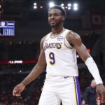 Apr 26, 2026; Houston, Texas, USA; Los Angeles Lakers guard Bronny James (9) reacts after a play during the fourth quarter against the Houston Rockets during game four of the first round of the 2026 NBA Playoffs at Toyota Center. Mandatory Credit: Troy Taormina-Imagn Images