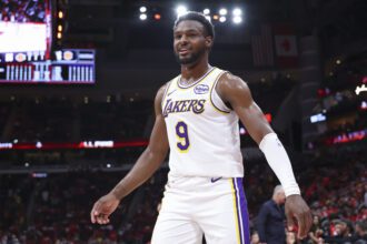 Apr 26, 2026; Houston, Texas, USA; Los Angeles Lakers guard Bronny James (9) reacts after a play during the fourth quarter against the Houston Rockets during game four of the first round of the 2026 NBA Playoffs at Toyota Center. Mandatory Credit: Troy Taormina-Imagn Images