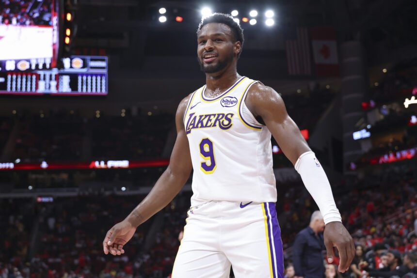Apr 26, 2026; Houston, Texas, USA; Los Angeles Lakers guard Bronny James (9) reacts after a play during the fourth quarter against the Houston Rockets during game four of the first round of the 2026 NBA Playoffs at Toyota Center. Mandatory Credit: Troy Taormina-Imagn Images