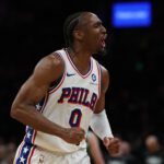 May 2, 2026; Boston, Massachusetts, USA; Philadelphia 76ers guard Tyrese Maxey (0) celebrates during the final moments of their win over the Boston Celtics in game seven of the first round of the 2026 NBA Playoffs at TD Garden. Mandatory Credit: Winslow Townson-Imagn Images