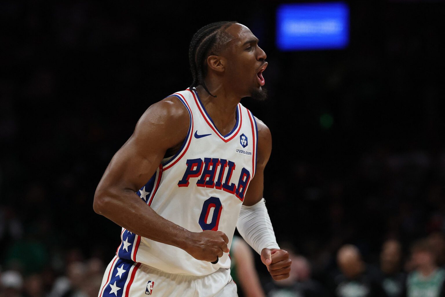 May 2, 2026; Boston, Massachusetts, USA; Philadelphia 76ers guard Tyrese Maxey (0) celebrates during the final moments of their win over the Boston Celtics in game seven of the first round of the 2026 NBA Playoffs at TD Garden. Mandatory Credit: Winslow Townson-Imagn Images