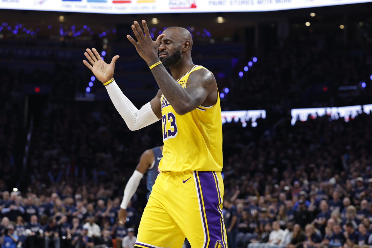 May 7, 2026; Oklahoma City, Oklahoma, USA; Los Angeles Lakers forward LeBron James (23) reacts after a play against the Oklahoma City Thunder in the second half during game two of the second round of the 2026 NBA Playoffs at Paycom Center. Mandatory Credit: Alonzo Adams-Imagn Images