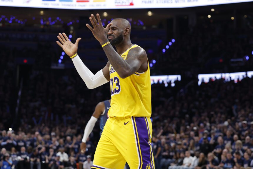 May 7, 2026; Oklahoma City, Oklahoma, USA; Los Angeles Lakers forward LeBron James (23) reacts after a play against the Oklahoma City Thunder in the second half during game two of the second round of the 2026 NBA Playoffs at Paycom Center. Mandatory Credit: Alonzo Adams-Imagn Images