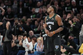 May 8, 2026; Minneapolis, Minnesota, USA; Minnesota Timberwolves guard Anthony Edwards (5) reacts to missing a shot against the San Antonio Spurs in the second half during game three of the second round of the 2026 NBA Playoffs at Target Center. Mandatory Credit: Jesse Johnson-Imagn Images
