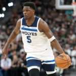 May 12, 2026; San Antonio, Texas, USA; Minnesota Timberwolves guard Anthony Edwards (5) drives to the basket during the first half of game five of the second round of the 2026 NBA Playoffs against the San Antonio Spurs at Frost Bank Center. Mandatory Credit: Scott Wachter-Imagn Images