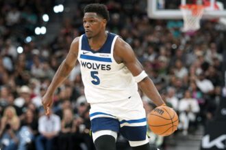 May 12, 2026; San Antonio, Texas, USA; Minnesota Timberwolves guard Anthony Edwards (5) drives to the basket during the first half of game five of the second round of the 2026 NBA Playoffs against the San Antonio Spurs at Frost Bank Center. Mandatory Credit: Scott Wachter-Imagn Images