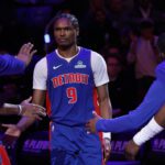 May 13, 2026; Detroit, Michigan, USA; Detroit Pistons guard Ausar Thompson (9) during player introductions before the game against the Cleveland Cavaliers during game five of the second round of the 2026 NBA Playoffs at Little Caesars Arena. Mandatory Credit: Rick Osentoski-Imagn Images