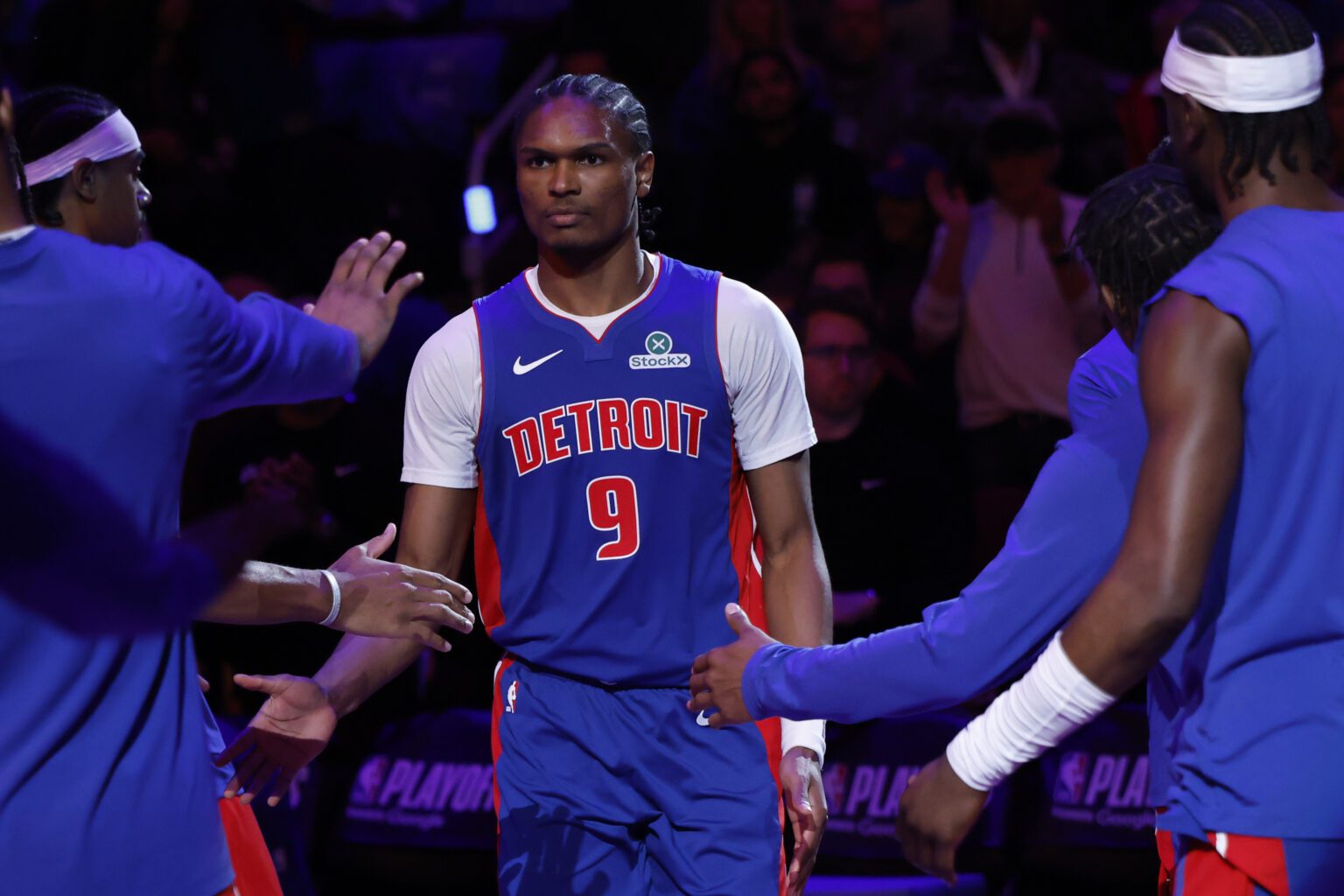 May 13, 2026; Detroit, Michigan, USA; Detroit Pistons guard Ausar Thompson (9) during player introductions before the game against the Cleveland Cavaliers during game five of the second round of the 2026 NBA Playoffs at Little Caesars Arena. Mandatory Credit: Rick Osentoski-Imagn Images