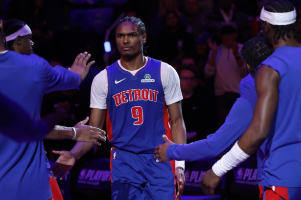 May 13, 2026; Detroit, Michigan, USA; Detroit Pistons guard Ausar Thompson (9) during player introductions before the game against the Cleveland Cavaliers during game five of the second round of the 2026 NBA Playoffs at Little Caesars Arena. Mandatory Credit: Rick Osentoski-Imagn Images