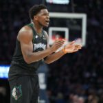 May 15, 2026; Minneapolis, Minnesota, USA; Minnesota Timberwolves guard Anthony Edwards (5) looks on against the San Antonio Spurs in the first half during game six of the second round of the 2026 NBA Playoffs at Target Center. Mandatory Credit: Jesse Johnson-Imagn Images