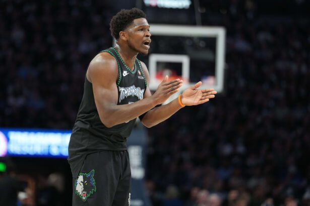May 15, 2026; Minneapolis, Minnesota, USA; Minnesota Timberwolves guard Anthony Edwards (5) looks on against the San Antonio Spurs in the first half during game six of the second round of the 2026 NBA Playoffs at Target Center. Mandatory Credit: Jesse Johnson-Imagn Images