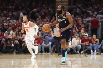 May 23, 2026; Cleveland, Ohio, USA; Cleveland Cavaliers guard James Harden (1) drives the ball up court in the second quarter against the New York Knicks during game three of the eastern conference finals for the 2026 NBA playoffs at Rocket Arena. Mandatory Credit: Scott Galvin-Imagn Images