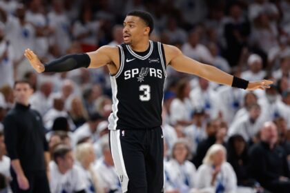 May 26, 2026; Oklahoma City, Oklahoma, USA; San Antonio Spurs forward Keldon Johnson (3) reacts after a play during the third quarter against the Oklahoma City Thunder in game five of the western conference finals for the 2026 NBA playoffs at Paycom Center. Mandatory Credit: Alonzo Adams-Imagn Images
