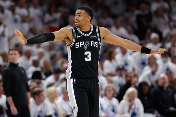 May 26, 2026; Oklahoma City, Oklahoma, USA; San Antonio Spurs forward Keldon Johnson (3) reacts after a play during the third quarter against the Oklahoma City Thunder in game five of the western conference finals for the 2026 NBA playoffs at Paycom Center. Mandatory Credit: Alonzo Adams-Imagn Images