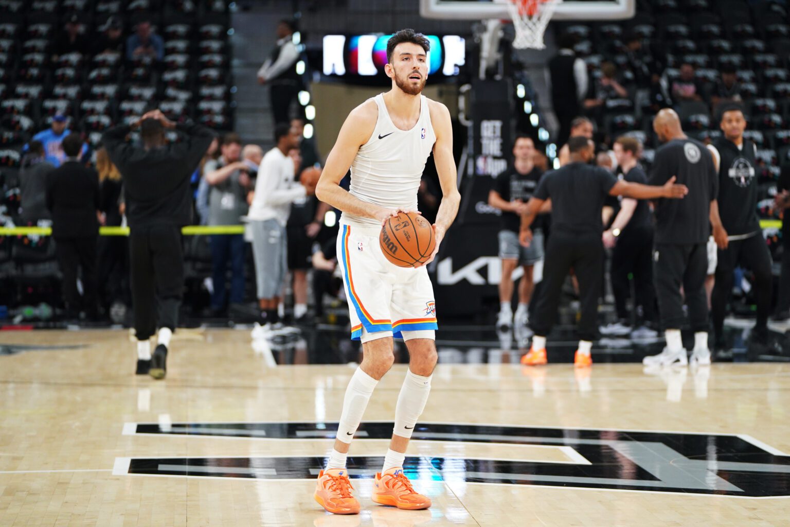 May 28, 2026; San Antonio, Texas, USA; Oklahoma City Thunder center Chet Holmgren (7) warms up before the start of game six of the western conference finals for the 2026 NBA playoffs at Frost Bank Center. Mandatory Credit: Dustin Safranek-Imagn Images