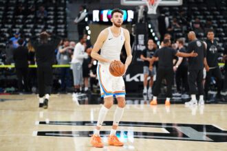May 28, 2026; San Antonio, Texas, USA; Oklahoma City Thunder center Chet Holmgren (7) warms up before the start of game six of the western conference finals for the 2026 NBA playoffs at Frost Bank Center. Mandatory Credit: Dustin Safranek-Imagn Images