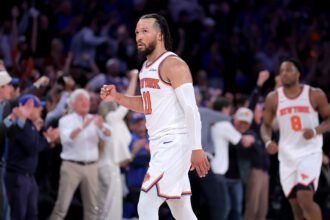Jun 10, 2026; New York, New York, USA; New York Knicks guard Jalen Brunson (11) reacts during the fourth quarter of game four of the 2026 NBA Finals against the San Antonio Spurs at Madison Square Garden. Mandatory Credit: Brad Penner-Imagn Images