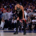 Jun 10, 2026; New York, New York, USA; San Antonio Spurs forward Victor Wembanyama (1) reacts during the fourth quarter of game four of the 2026 NBA Finals against the New York Knicks at Madison Square Garden. Mandatory Credit: Brad Penner-Imagn Images