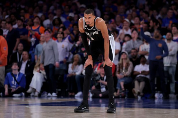 Jun 10, 2026; New York, New York, USA; San Antonio Spurs forward Victor Wembanyama (1) reacts during the fourth quarter of game four of the 2026 NBA Finals against the New York Knicks at Madison Square Garden. Mandatory Credit: Brad Penner-Imagn Images