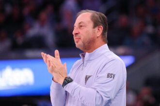 Aug 2, 2026; San Francisco, California, USA; Golden State Valkyries owner Joe Lacob claps on the sideline during the fourth quarter against the Toronto Tempo at Chase Center. Mandatory Credit: Kelley L Cox-Imagn Images