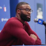 Aug 6, 2026; Camden, NJ, USA; Philadelphia 76ers guard Jaylen Brown speaks with the media during his introductory press conference at the Francis J. Myers Recreation Center. Mandatory Credit: Bill Streicher-Imagn Images