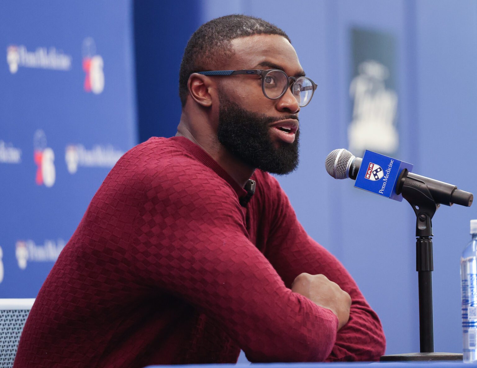Aug 6, 2026; Camden, NJ, USA; Philadelphia 76ers guard Jaylen Brown speaks with the media during his introductory press conference at the Francis J. Myers Recreation Center. Mandatory Credit: Bill Streicher-Imagn Images