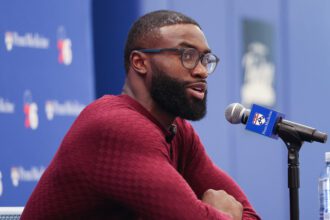 Aug 6, 2026; Camden, NJ, USA; Philadelphia 76ers guard Jaylen Brown speaks with the media during his introductory press conference at the Francis J. Myers Recreation Center. Mandatory Credit: Bill Streicher-Imagn Images